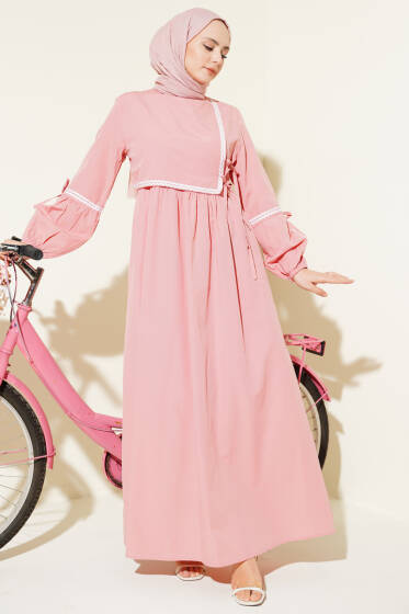 Zigzag Nakışlı Yan İpli Poplin Elbise Pudra - Elbise