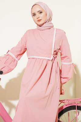 Zigzag Nakışlı Yan İpli Poplin Elbise Pudra - Elbise