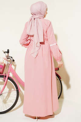 Zigzag Nakışlı Yan İpli Poplin Elbise Pudra - Elbise