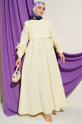 Zigzag Nakışlı Yan İpli Poplin Elbise Sarı - ASMİN