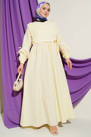 Zigzag Nakışlı Yan İpli Poplin Elbise Sarı - Elbise