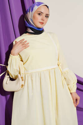 Zigzag Nakışlı Yan İpli Poplin Elbise Sarı - Elbise