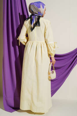 Zigzag Nakışlı Yan İpli Poplin Elbise Sarı - Elbise