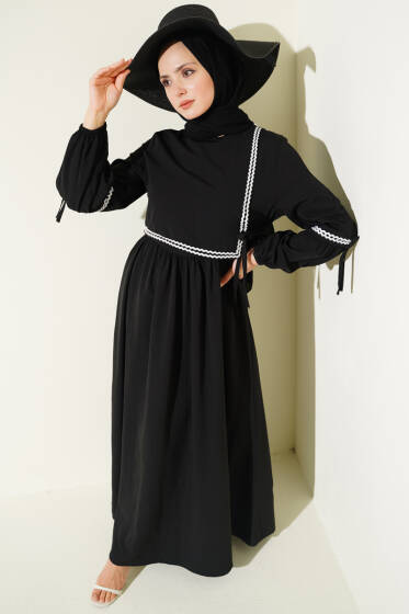 Zigzag Nakışlı Yan İpli Poplin Elbise Siyah - Elbise