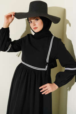 Zigzag Nakışlı Yan İpli Poplin Elbise Siyah - Elbise