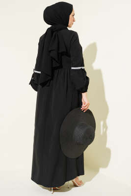 Zigzag Nakışlı Yan İpli Poplin Elbise Siyah - Elbise