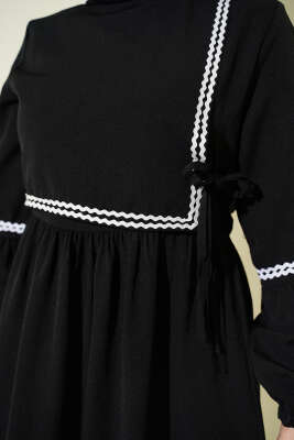 Zigzag Nakışlı Yan İpli Poplin Elbise Siyah - Elbise