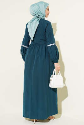 Zigzag Nakışlı Yan İpli Poplin Elbise Zümrüt - Elbise