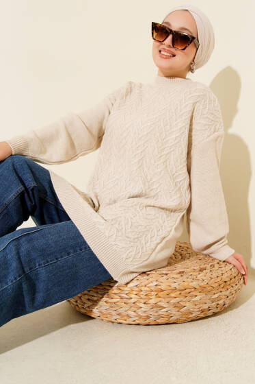 Zigzag Örgü Triko Tunik Bej - Tunik