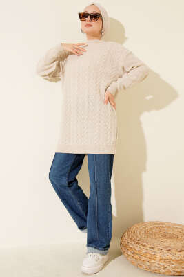 Zigzag Örgü Triko Tunik Bej - Tunik