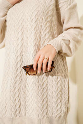 Zigzag Örgü Triko Tunik Bej - Tunik