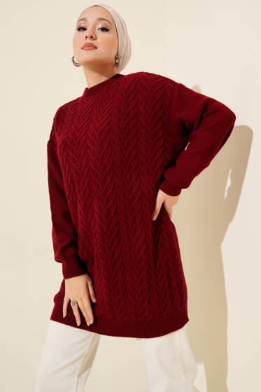 Zigzag Örgü Triko Tunik Bordo - Tunik