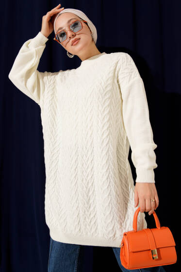 Zigzag Örgü Triko Tunik Ekru - Tunik