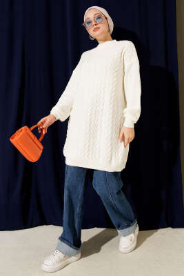 Zigzag Örgü Triko Tunik Ekru - Tunik