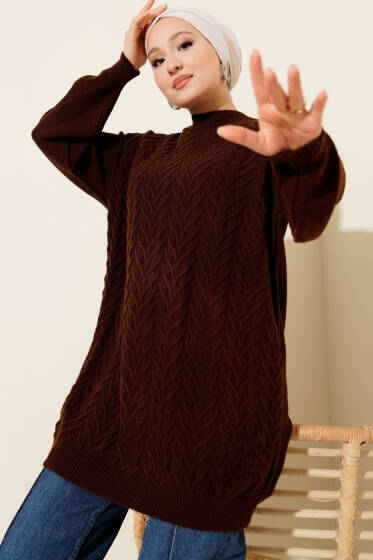 Zigzag Örgü Triko Tunik Kahve - Tunik
