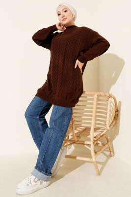 Zigzag Örgü Triko Tunik Kahve - Tunik