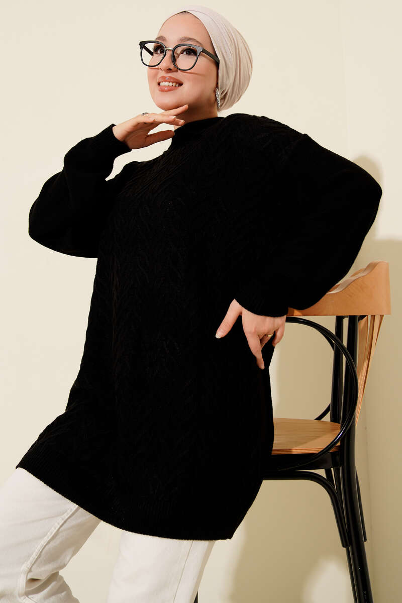 Zigzag Örgü Triko Tunik Siyah