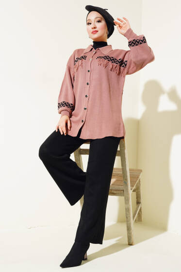 Zigzag Şeritli Püsküllü Triko Takım Gül Kurusu - İkili Takım