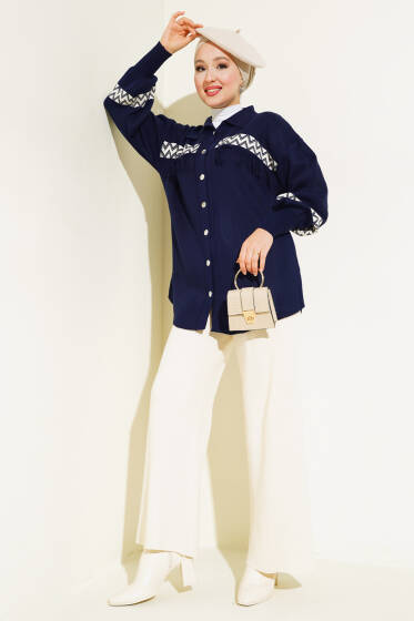 Zigzag Şeritli Püsküllü Triko Takım Lacivert - İkili Takım