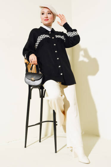 Zigzag Şeritli Püsküllü Triko Takım Siyah - İkili Takım