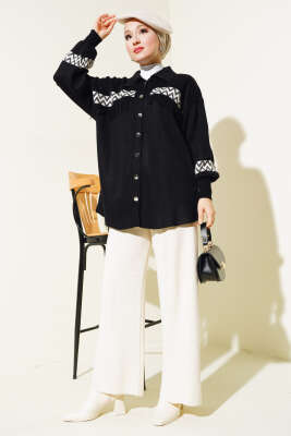 Zigzag Şeritli Püsküllü Triko Takım Siyah - İkili Takım