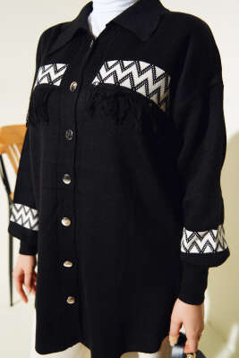 Zigzag Şeritli Püsküllü Triko Takım Siyah - İkili Takım