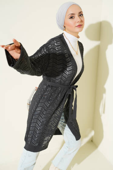 Zikzak Ajurlu Kuşaklı Triko Hırka Antrasit - Hırka