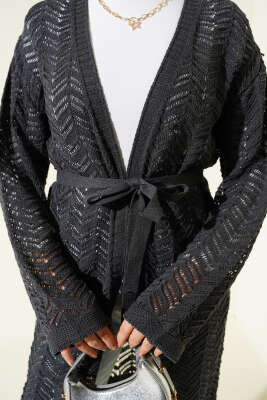 Zikzak Ajurlu Kuşaklı Triko Hırka Antrasit - Hırka