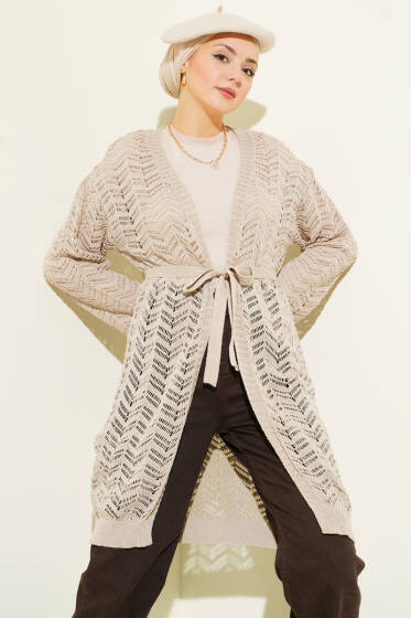 Zikzak Ajurlu Kuşaklı Triko Hırka Bej - Hırka