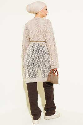 Zikzak Ajurlu Kuşaklı Triko Hırka Bej - Hırka