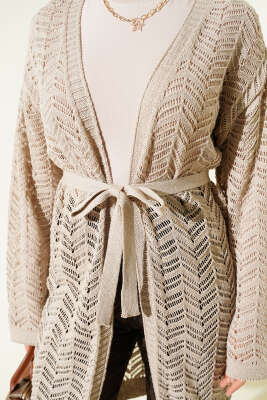 Zikzak Ajurlu Kuşaklı Triko Hırka Bej - Hırka