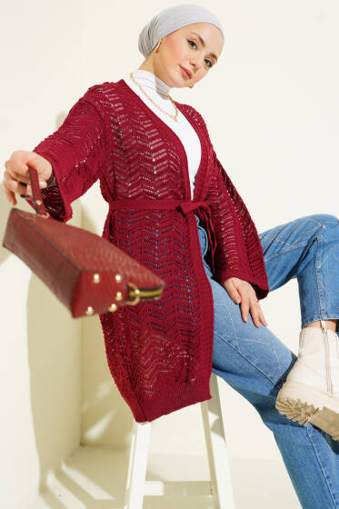 Zikzak Ajurlu Kuşaklı Triko Hırka Bordo - Hırka