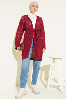 Zikzak Ajurlu Kuşaklı Triko Hırka Bordo - Hırka