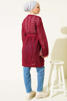 Zikzak Ajurlu Kuşaklı Triko Hırka Bordo - Hırka