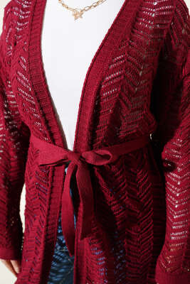 Zikzak Ajurlu Kuşaklı Triko Hırka Bordo - Hırka