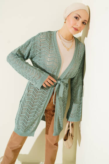 Zikzak Ajurlu Kuşaklı Triko Hırka Çağla Yeşili - Hırka