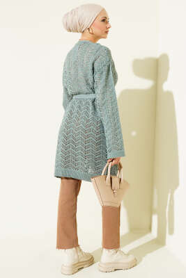 Zikzak Ajurlu Kuşaklı Triko Hırka Çağla Yeşili - Hırka