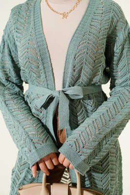 Zikzak Ajurlu Kuşaklı Triko Hırka Çağla Yeşili - Hırka