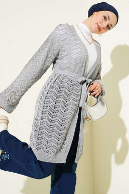 Zikzak Ajurlu Kuşaklı Triko Hırka Gri - RAFİMİX