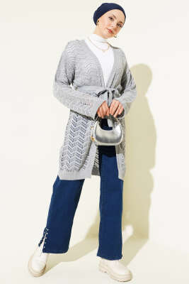 Zikzak Ajurlu Kuşaklı Triko Hırka Gri - Hırka