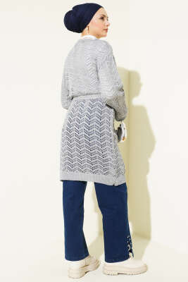 Zikzak Ajurlu Kuşaklı Triko Hırka Gri - Hırka