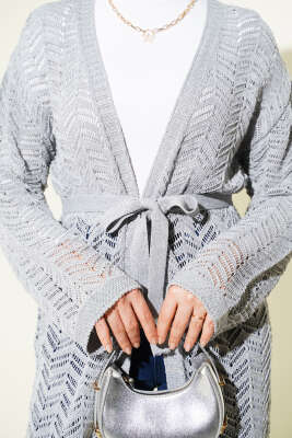 Zikzak Ajurlu Kuşaklı Triko Hırka Gri - Hırka