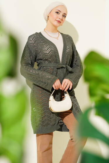 Zikzak Ajurlu Kuşaklı Triko Hırka Haki - Hırka