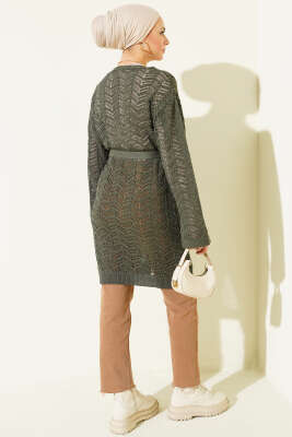 Zikzak Ajurlu Kuşaklı Triko Hırka Haki - Hırka