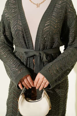 Zikzak Ajurlu Kuşaklı Triko Hırka Haki - Hırka