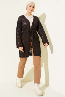 Zikzak Ajurlu Kuşaklı Triko Hırka Kahve - Hırka