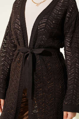 Zikzak Ajurlu Kuşaklı Triko Hırka Kahve - Hırka