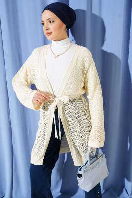 Zikzak Ajurlu Kuşaklı Triko Hırka Krem - RAFİMİX