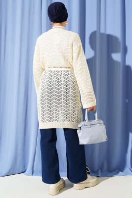 Zikzak Ajurlu Kuşaklı Triko Hırka Krem - Hırka