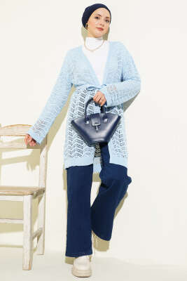 Zikzak Ajurlu Kuşaklı Triko Hırka Mavi - Hırka